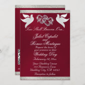 Invitation Doves, Coeurs & Ruban, Code QR - Bourgogne/Argent (Devant / Derrière)