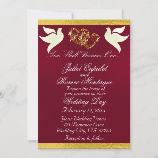 Invitation Doves, Coeurs & Ruban, Code QR - Bourgogne/Or (Devant)