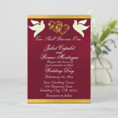 Invitation Doves, Coeurs & Ruban, Code QR - Bourgogne/Or (Debout devant)