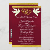 Invitation Doves, Coeurs & Ruban, Code QR - Bourgogne/Or (Devant / Derrière)