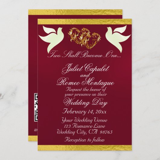 Invitation Doves, Coeurs & Ruban, Code QR - Bourgogne/Or (Devant / Derrière)