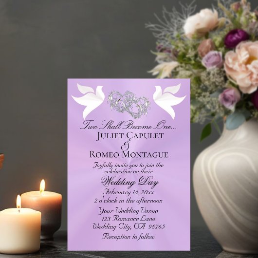 Invitation Doves, Hearts, QR Code - Lavender/Silver