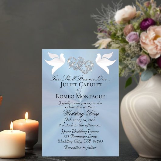 Invitation Doves, Hearts, QR Code - Pastel Blue/Silver