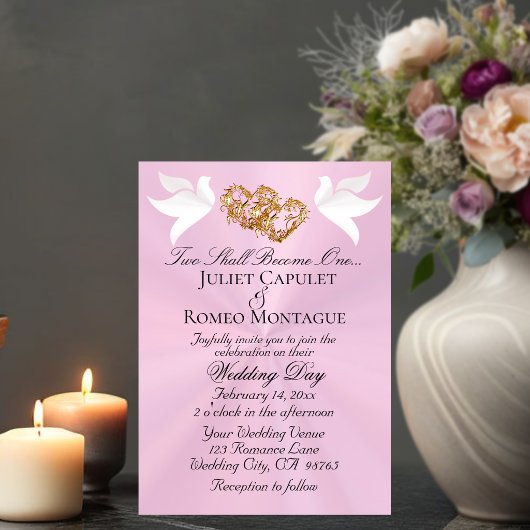 Invitation Doves, Hearts, QR Code - Pastel Pink/Gold