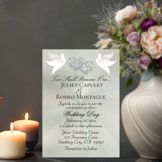 Invitation Doves, Hearts, QR Code - Pastel Sage/Silver