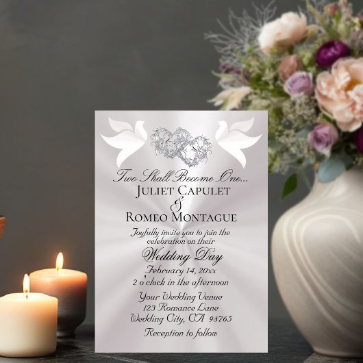 Invitation Doves, Hearts, QR Code - Pearl White/Silver