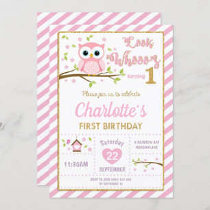 Invitation d'Owl 1er Birthday Girl Pink and Gold