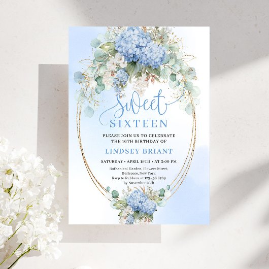 Invitation Downloadable Blue Hydrangea Gold Sweet 16 Birthday