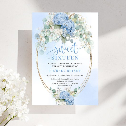Invitation Downloadable Blue Hydrangeas Sweet Sixteen Invite