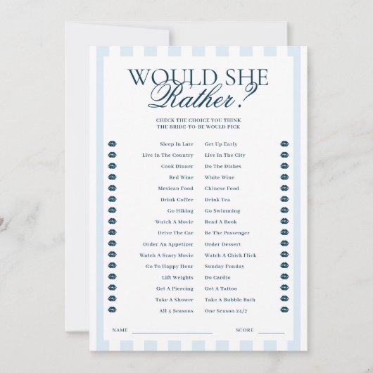 Invitation Downloadable Blue Striped Would She Rather Card (Devant)