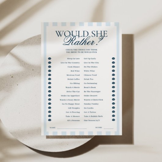 Invitation Downloadable Blue Striped Would She Rather Card