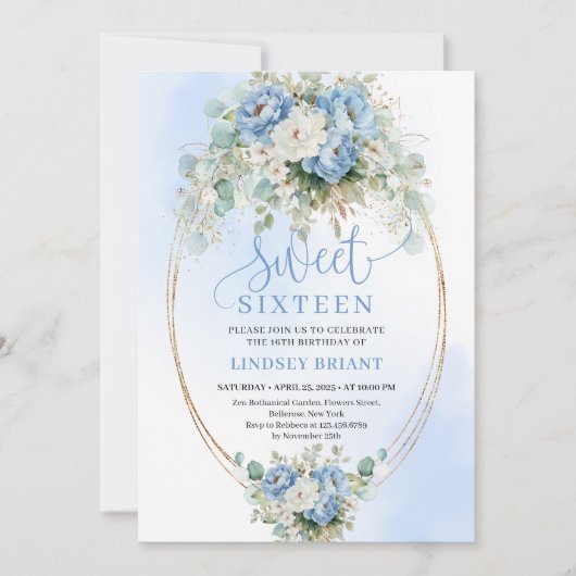 Invitation Downloadable Script Dusty Blue Peonies Sweet 16th (Devant)