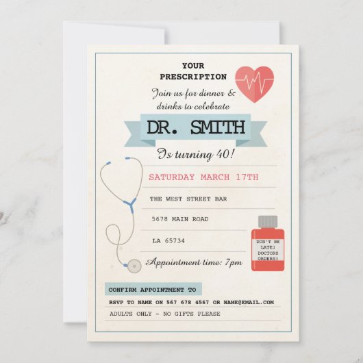 Invitation Dr. fête d'anniversaire de docteur Prescription (Devant)