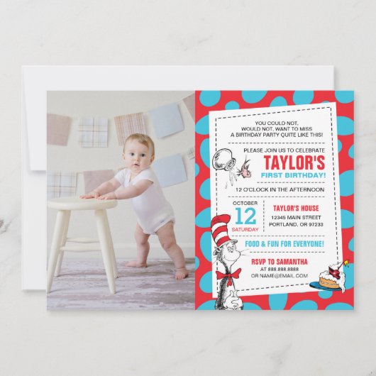 Invitation Dr. Seuss Chat dans le Casquette Anniversaire Ajou (Devant)
