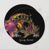 INVITATION DRAGO / DRAGON DE FANTAISIE EN OR ROSE VIOLET NOIR (Devant / Derrière)