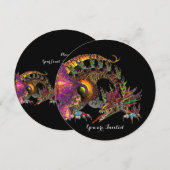 INVITATION DRAGO / DRAGON DE FANTASIE EN OR ROSE VIOLET NOIR (Devant / Derrière)