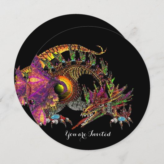 INVITATION DRAGO / DRAGON FANTAISIE EN OR ROSE VIOLET NOIR (Devant / Derrière)