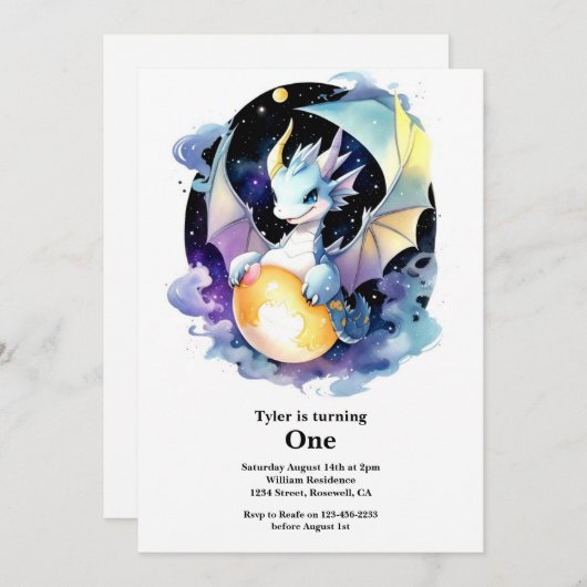 Invitation Dragon 1er anniversaire (Devant / Derrière)