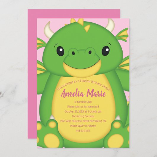 Invitation Dragon Anniversaire Pink (Devant / Derrière)