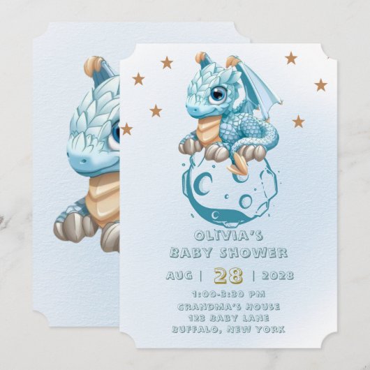 Invitation Dragon Aquamarine Astroid Baby shower garçon (Devant / Derrière)