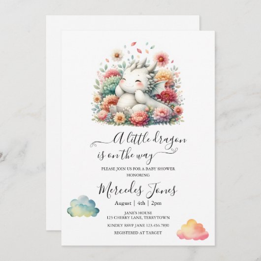 Invitation Dragon Bébé Dormir Avec Arc En Ciel Fleurs Art (Devant / Derrière)