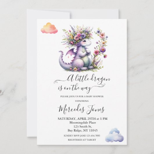 Invitation Dragon Bébé Violet Avec Fleurs Arc En Ciel (Devant)