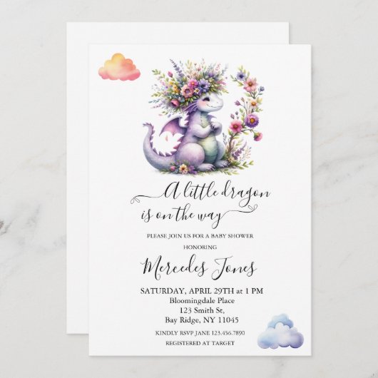 Invitation Dragon Bébé Violet Avec Fleurs Arc En Ciel (Devant / Derrière)