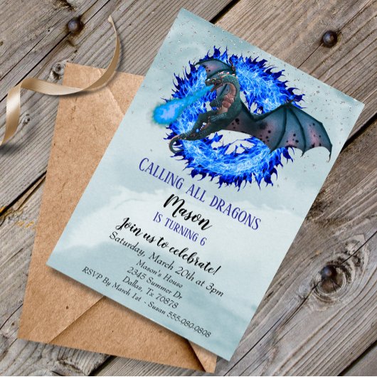 Invitation Dragon Blue Fire Serpent fête d'anniversaire enfan