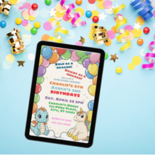Invitation Dragon Coloré & Licorne Double Célébration