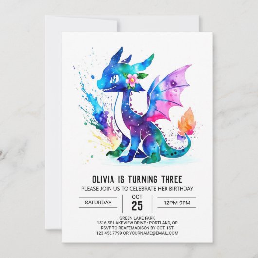 Invitation Dragon Coloré Peint Digital Girl Anniversaire (Devant)