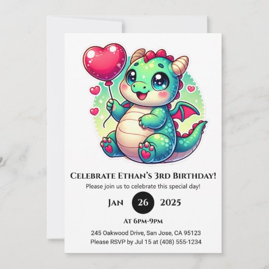 Invitation Dragon de bébé doux avec ballon de coeur Anniversa (Devant)