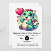 Invitation Dragon de bébé doux avec ballon de coeur Anniversa (Devant / Derrière)