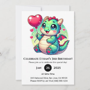 Invitation Dragon de bébé doux avec ballon de coeur Anniversa