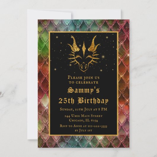 Invitation Dragon d'or avec échelles arc-en-ciel fête d'anniv (Devant)