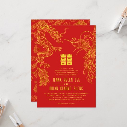 Invitation Dragon et Phoenix Double Bonheur | Motif arrière (Devant/Arrière en situation)