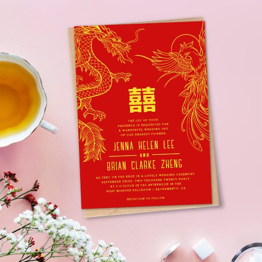 Invitation Dragon et Phoenix Double Bonheur Or+Rouge