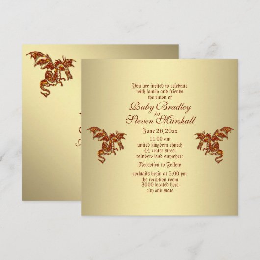 Invitation Dragon flamboyant Thème Mariage Imaginaire doré (Devant / Derrière)