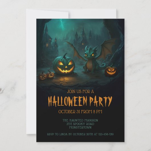 Invitation Dragon mignon avec Citrouilles effrayants Hallowee (Devant)