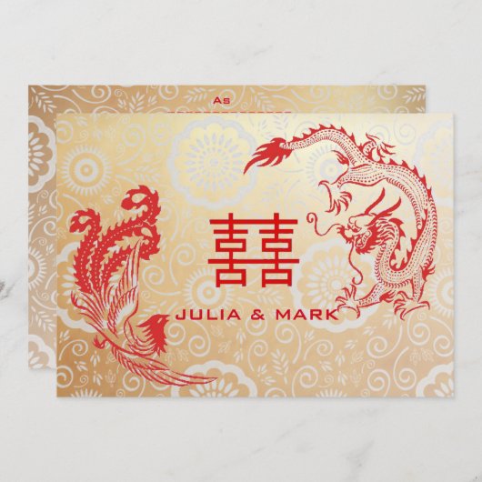 Invitation Dragon moderne-Phoenix Mariage chinois Or rouge (Devant / Derrière)