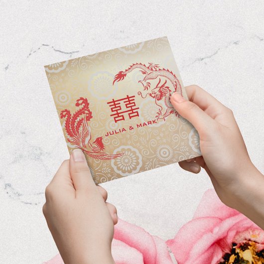 Invitation Dragon moderne-Phoenix Mariage chinois Or rouge