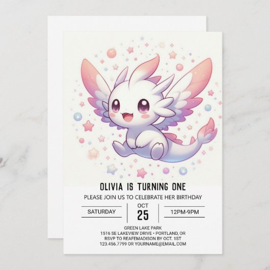 Invitation Dragon mythique mignon 1er anniversaire (Devant / Derrière)