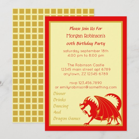 Invitation Dragon Red Gold Enfant ou adulte fête d'anniversai (Devant / Derrière)