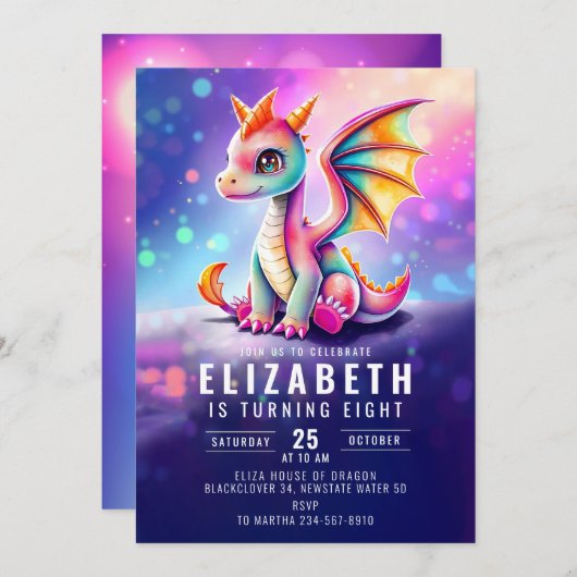 Invitation Dragon rose jaune foncé fête d'anniversaire (Devant / Derrière)