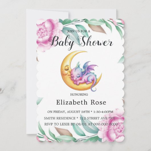 Invitation Dragon rose mignon et Baby shower de fille de pivo (Devant)