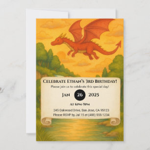 Invitation Dragon Rouge Volant Au-Dessus d'Anniversaire de la
