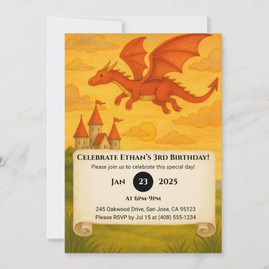 Invitation Dragon Rouge Volant Au-Dessus d'un Château de Fala (Devant)