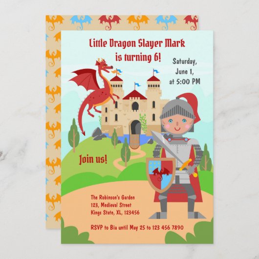 Invitation Dragon Slayer Knight Boy fête d'anniversaire (Devant / Derrière)