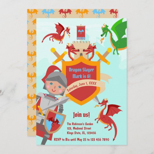 Invitation Dragon Slayer Knight Boy fête d'anniversaire (Devant / Derrière)