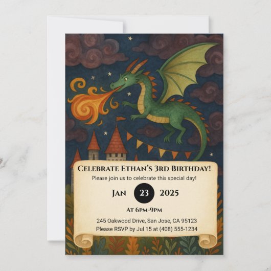 Invitation Dragon Vert Respirer Le Feu Sur Le Château Anniver (Devant)