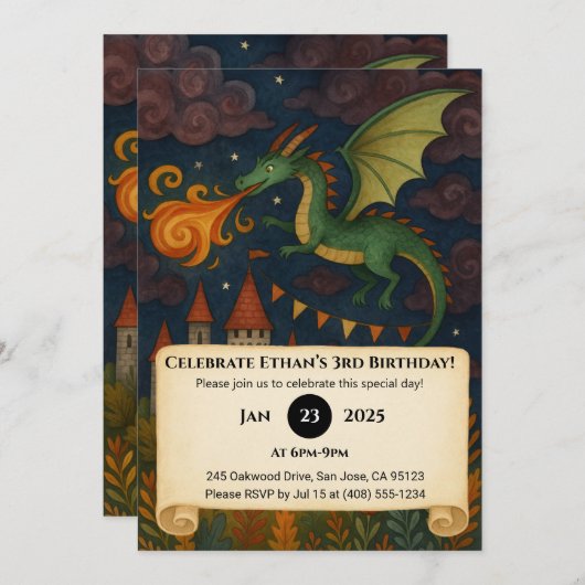 Invitation Dragon Vert Respirer Le Feu Sur Le Château Anniver (Devant / Derrière)